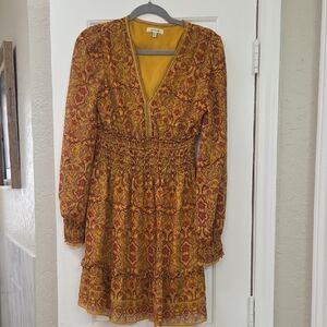 Max Studio Mustard Paisley Long Sleeve Smocked Waist Dress
